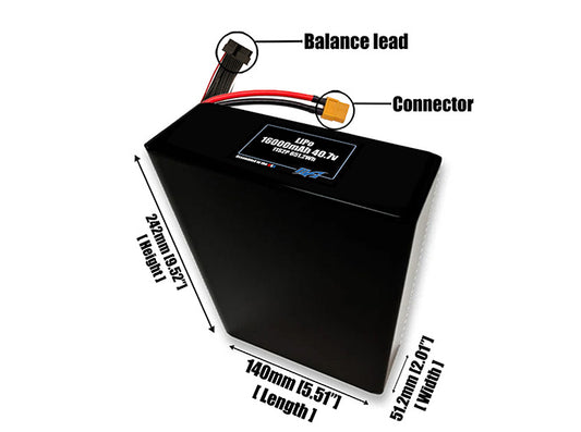 Size reference photo of the 16000mAh 40.7V LiPo pack showing 140 mm by 51.2 mm by 242 mm dimensions ideal for drones or large robotic systems where space matters.
