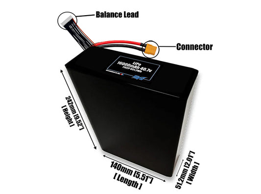 Size reference photo of the 16000mAh 40.7V LiPo pack showing 140 mm by 51.2 mm by 242 mm dimensions ideal for drones or large robotic systems where space matters.
