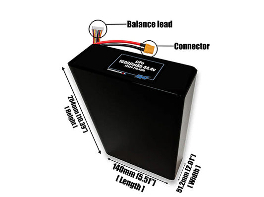 Size reference photo of the 16000mAh 44.4V LiPo pack showing 140 mm by 51.2 mm by 264 mm dimensions ideal for drones or large robotic systems where space matters.