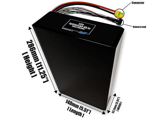 Size reference photo of the 16000mAh 48.1V LiPo pack showing 140 mm by 51.2 mm by 286 mm dimensions ideal for drones or large robotic systems where space matters.