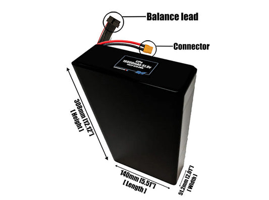 Size reference photo of the 16000mAh 51.8V LiPo pack showing 140 mm by 51.2 mm by 308 mm dimensions ideal for drones or large robotic systems where space matters.