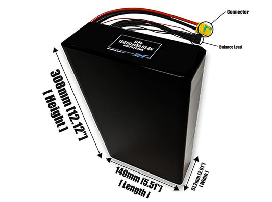 Size reference photo of the 16000mAh 51.8V LiPo pack showing 140 mm by 51.2 mm by 308 mm dimensions ideal for drones or large robotic systems where space matters.