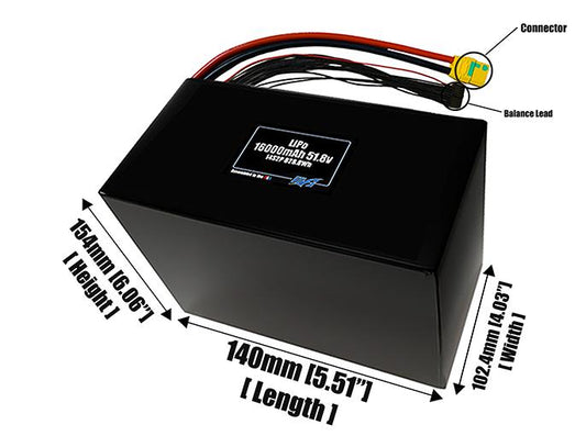 Size reference photo of the 16000mAh 51.8V LiPo pack showing 140 mm by 102.4 mm by 154 mm dimensions ideal for drones or large robotic systems where space matters.