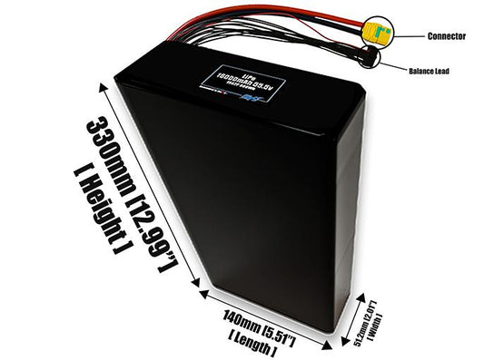 Size reference photo of the 16000mAh 55.5V LiPo pack showing 140 mm by 51.2 mm by 330 mm dimensions ideal for drones or large robotic systems where space matters.