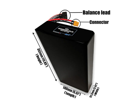 Size reference photo of the 16000mAh 59.2V LiPo pack showing 140 mm by 51.2 mm by 352 mm dimensions ideal for drones or large robotic systems where space matters.