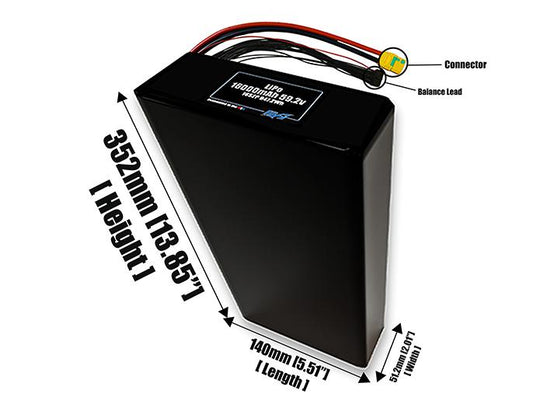 Size reference photo of the 16000mAh 59.2V LiPo pack showing 140 mm by 51.2 mm by 352 mm dimensions ideal for drones or large robotic systems where space matters.