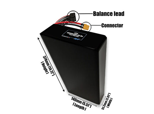 Size reference photo of the 16000mAh 62.9V LiPo pack showing 140 mm by 51.2 mm by 374 mm dimensions ideal for drones or large robotic systems where space matters.