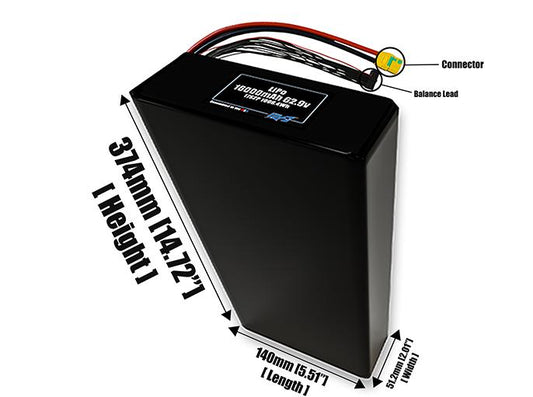 Size reference photo of the 16000mAh 62.9V LiPo pack showing 140 mm by 51.2 mm by 374 mm dimensions ideal for drones or large robotic systems where space matters.