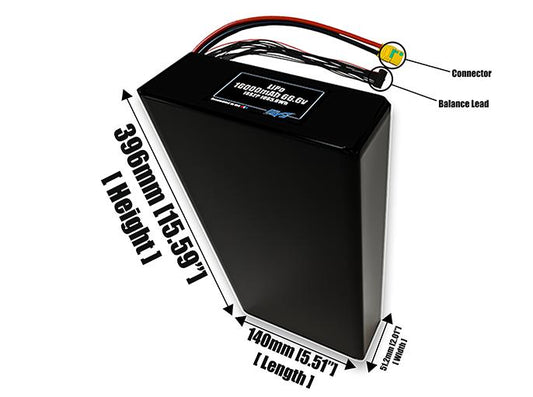 Size reference photo of the 16000mAh 66.6V LiPo pack showing 140 mm by 51.2 mm by 396 mm dimensions ideal for drones or large robotic systems where space matters.