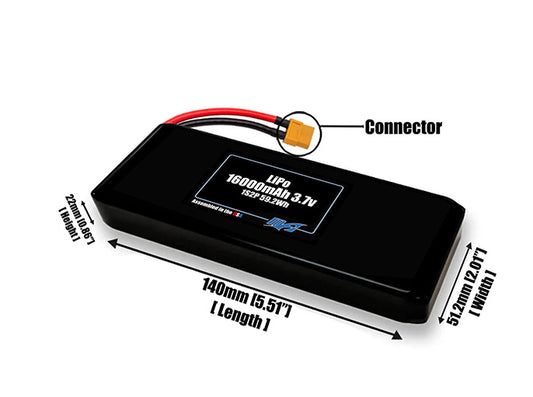 Size reference photo of the 16000mAh 3.7V LiPo pack showing 140 mm by 51.2 mm by 22 mm dimensions ideal for drones or large robotic systems where space matters.