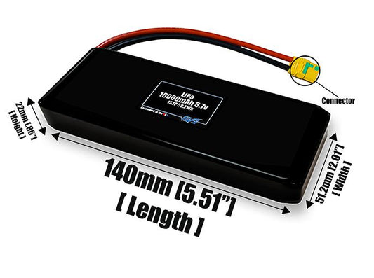 Size reference photo of the 16000mAh 3.7V LiPo pack showing 140 mm by 51.2 mm by 22 mm dimensions ideal for drones or large robotic systems where space matters.