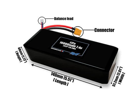 Size reference photo of the 16000mAh 7.4V LiPo pack showing 140 mm by 51.2 mm by 44 mm dimensions ideal for drones or large robotic systems where space matters.