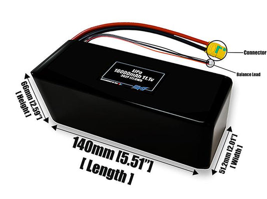 Size reference photo of the 16000mAh 11.1V LiPo pack showing 140 mm by 51.2 mm by 66 mm dimensions ideal for drones or large robotic systems where space matters.