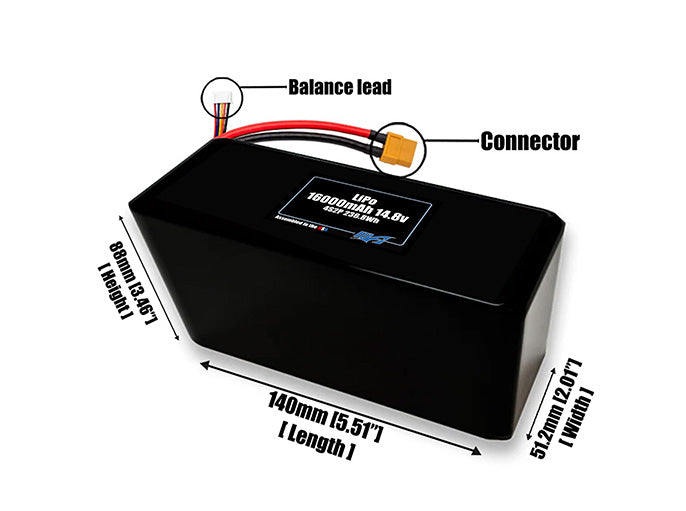 Size reference photo of the 16000mAh 14.8V LiPo pack showing 140 mm by 51.2 mm by 88 mm dimensions ideal for drones or large robotic systems where space matters.