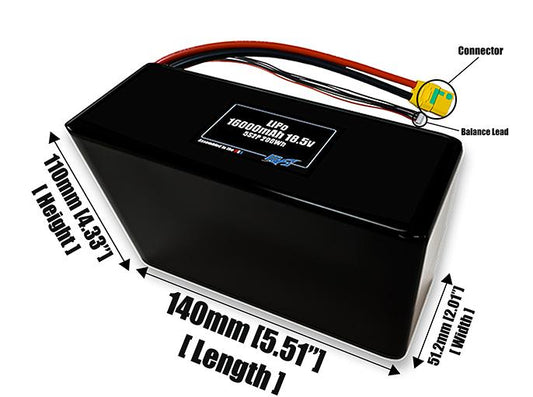 Size reference photo of the 16000mAh 18.5V LiPo pack showing 140 mm by 51.2 mm by 110 mm dimensions ideal for drones or large robotic systems where space matters.