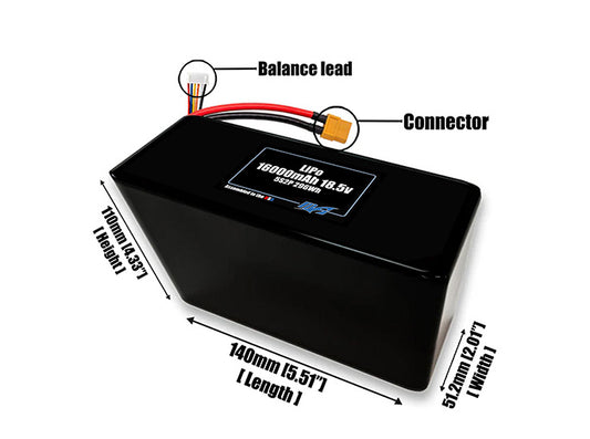 Size reference photo of the 16000mAh 18.5V LiPo pack showing 140 mm by 51.2 mm by 110 mm dimensions ideal for drones or large robotic systems where space matters.