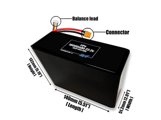 Size reference photo of the 16000mAh 22.2V LiPo pack showing 140 mm by 51.2 mm by 132 mm dimensions ideal for drones or large robotic systems where space matters.