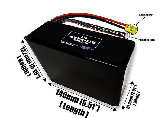 Size reference photo of the 16000mAh 22.2V LiPo pack showing 140 mm by 51.2 mm by 132 mm dimensions ideal for drones or large robotic systems where space matters.
