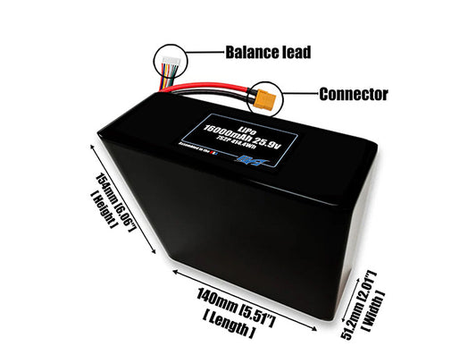 Size reference photo of the 16000mAh 25.9V LiPo pack showing 140 mm by 51.2 mm by 154 mm dimensions ideal for drones or large robotic systems where space matters.