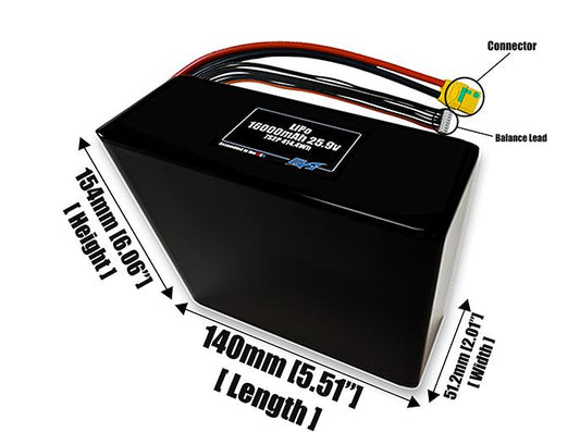 Size reference photo of the 16000mAh 25.9V LiPo pack showing 140 mm by 51.2 mm by 154 mm dimensions ideal for drones or large robotic systems where space matters.