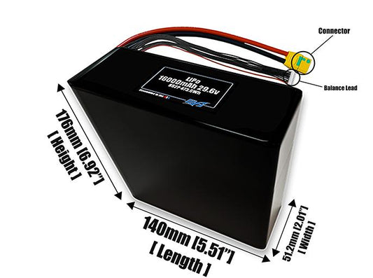 Size reference photo of the 16000mAh 29.6V LiPo pack showing 140 mm by 51.2 mm by 176 mm dimensions ideal for drones or large robotic systems where space matters.
