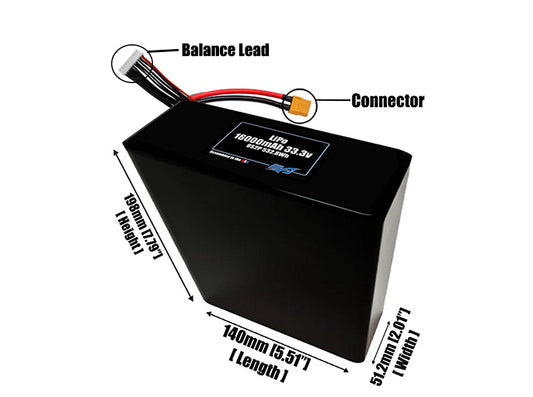Size reference photo of the 16000mAh 33.3V LiPo pack showing 140 mm by 51.2 mm by 198 mm dimensions ideal for drones or large robotic systems where space matters.