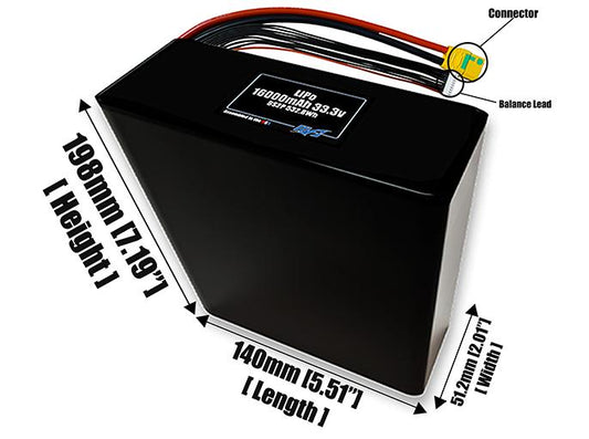 Size reference photo of the 16000mAh 33.3V LiPo pack showing 140 mm by 51.2 mm by 198 mm dimensions ideal for drones or large robotic systems where space matters.