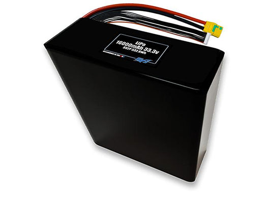 Compact 33.3-volt 16000mAh lithium-polymer battery, built for lightweight drone, UAV, and robotics projects.
