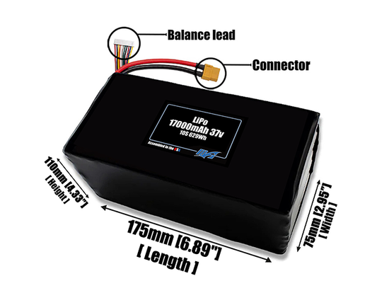 Size reference photo of the 17000mAh 37V LiPo pack showing 175 mm by 75 mm by 110 mm dimensions ideal for drones or large robotic systems where space matters.