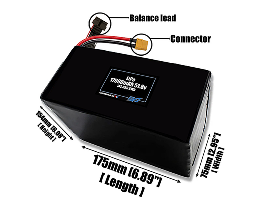 Size reference photo of the 17000mAh 51.8V LiPo pack showing 175 mm by 75 mm by 154 mm dimensions ideal for drones or large robotic systems where space matters.
