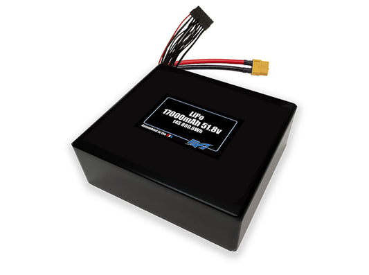 Compact 51.8-volt 17000mAh lithium-polymer side by side battery, built for lightweight drone, UAV, and robotics projects.