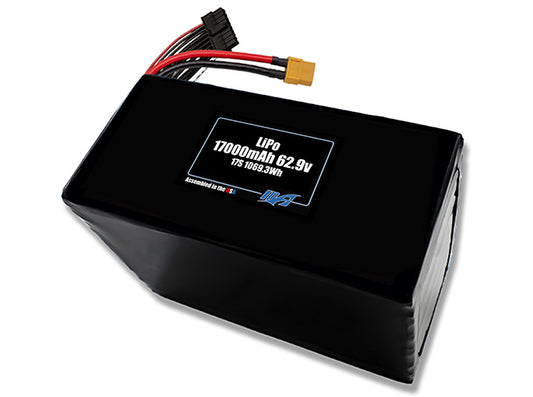 Compact 62.9-volt 17000mAh lithium polymer battery, built for lightweight drone, UAV, and robotics projects.