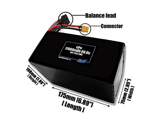 Size reference photo of the 17000mAh 66.6V LiPo pack showing 175 mm by 75 mm by 198 mm dimensions ideal for drones or large robotic systems where space matters.