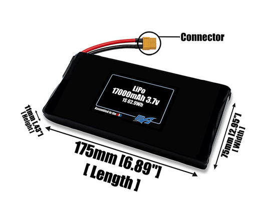 Size reference photo of the 17000mAh 3.7V LiPo pack showing 175 mm by 75 mm by 11 mm dimensions ideal for drones or large robotic systems where space matters.