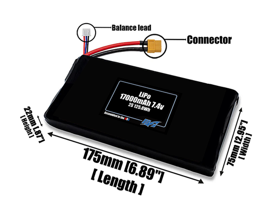 Size reference photo of the 17000mAh 7.4V LiPo pack showing 175 mm by 75 mm by 22 mm dimensions ideal for drones or large robotic systems where space matters.