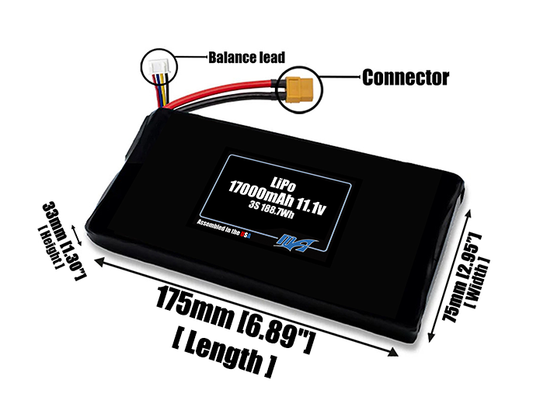 Size reference photo of the 17000mAh 11.1V LiPo pack showing 175 mm by 75 mm by 33 mm dimensions ideal for drones or large robotic systems where space matters.