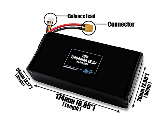 Size reference photo of the 17000mAh 18.5V LiPo pack showing 174 mm by 75 mm by 55 mm dimensions ideal for drones or large robotic systems where space matters.