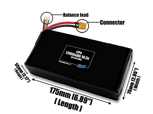 Size reference photo of the 17000mAh 18.5V LiPo pack showing 175 mm by 75 mm by 55 mm dimensions ideal for drones or large robotic systems where space matters.