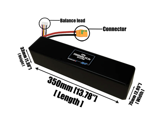 Size reference photo of the 17000mAh 22.2V LiPo pack showing 350 mm by 75 mm by 33 mm dimensions ideal for drones or large robotic systems where space matters.