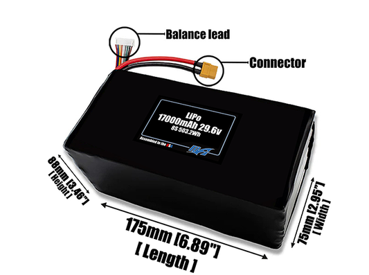 Size reference photo of the 17000mAh 29.6V LiPo pack showing 175 mm by 75 mm by 88 mm dimensions ideal for drones or large robotic systems where space matters.