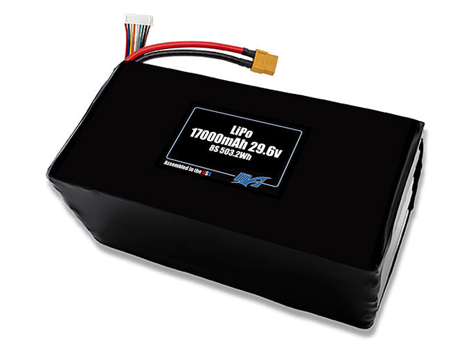 Compact 29.6-volt 17000mAh lithium-polymer battery, built for lightweight drone, UAV, and robotics projects.