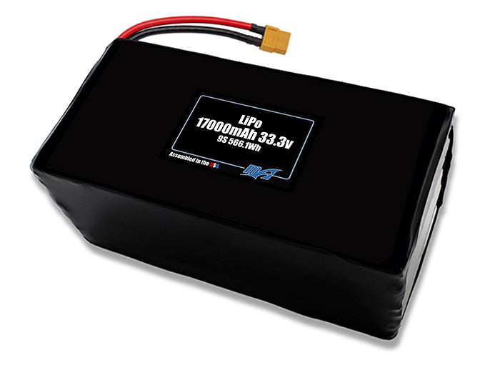 Compact 33.3-volt 17000mAh lithium-polymer battery, built for lightweight drone, UAV, and robotics projects.