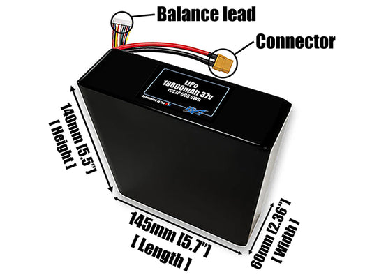 Size reference photo of the 18800mAh 37V LiPo pack showing 145 mm by 60 mm by 140 mm dimensions ideal for drones or large robotic systems where space matters.