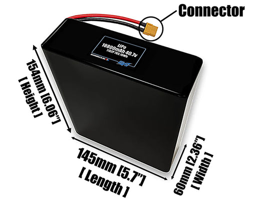 Size reference photo of the 18800mAh 40.7V LiPo pack showing 145 mm by 60 mm by 154 mm dimensions ideal for drones or large robotic systems where space matters.