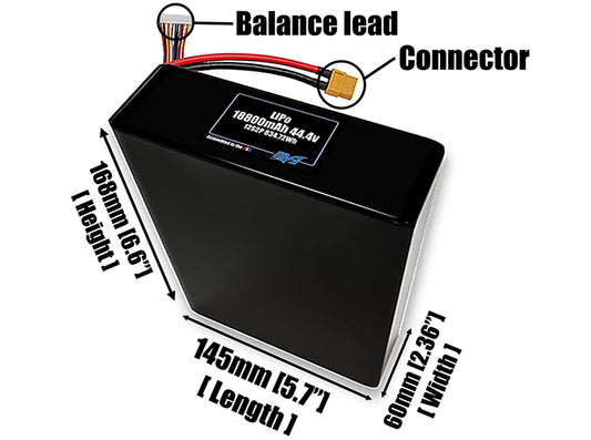 Size reference photo of the 18800mAh 44.4V LiPo pack showing 145 mm by 60 mm by 168 mm dimensions ideal for drones or large robotic systems where space matters.