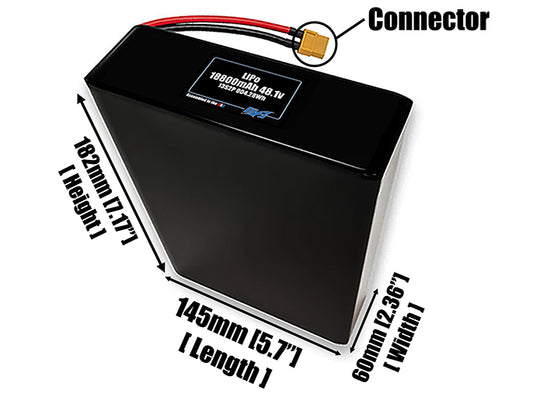 Size reference photo of the 18800mAh 48.1V LiPo pack showing 145 mm by 60 mm by 182 mm dimensions ideal for drones or large robotic systems where space matters.