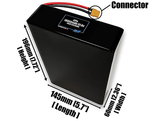 Size reference photo of the 18800mAh 51.8V LiPo pack showing 145 mm by 60 mm by 196 mm dimensions ideal for drones or large robotic systems where space matters.