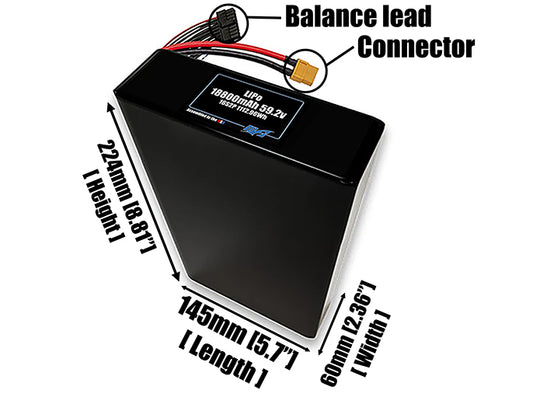 Size reference photo of the 18800mAh 59.2V LiPo pack showing 145 mm by 60 mm by 224 mm dimensions ideal for drones or large robotic systems where space matters.