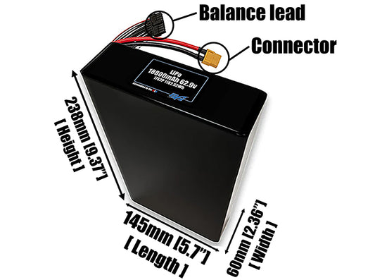 Size reference photo of the 18800mAh 62.9V LiPo pack showing 145 mm by 60 mm by 238 mm dimensions ideal for drones or large robotic systems where space matters.