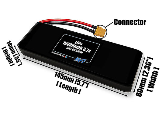 Size reference photo of the 18800mAh 3.7V LiPo pack showing 145 mm by 60 mm by 14 mm dimensions ideal for drones or large robotic systems where space matters.